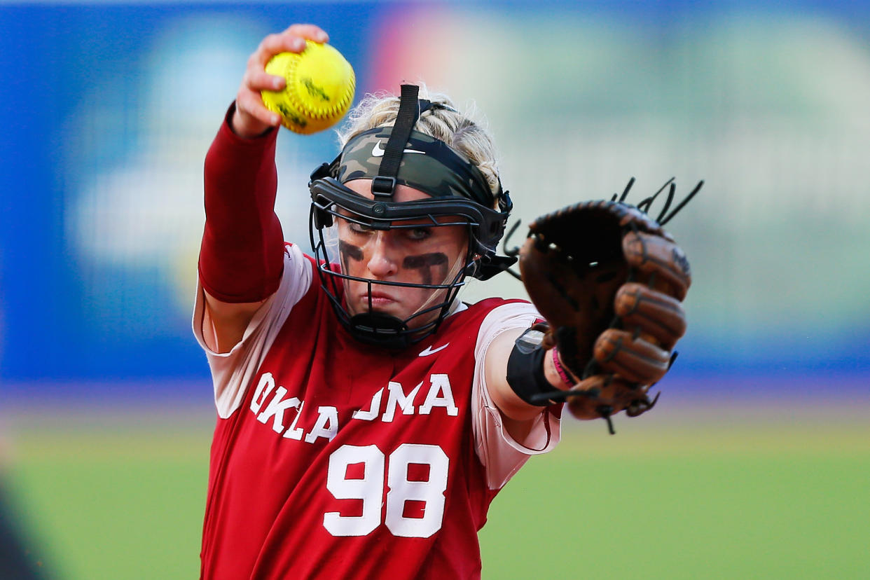 OKLAHOMA CITY, OK - JUNE 9:  Pitcher Jordy Bahl #98 of the Oklahoma Sooners winds up for a pitch against the Texas Longhorns in the second inning during the NCAA Women's College World Series finals at the USA Softball Hall of Fame Complex on June 9, 2022 in Oklahoma City, Oklahoma.  Oklahoma won the NCAA Championship with a 10-5 victory.  (Photo by Brian Bahr/Getty Images)