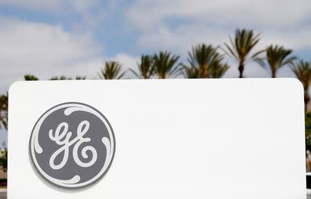 The logo of Down Jones Industrial Average stock market index listed company General Electric is shown at their subsidiary company GE Aviation in Santa Ana, California April 13, 2016. REUTERS/Mike Blake