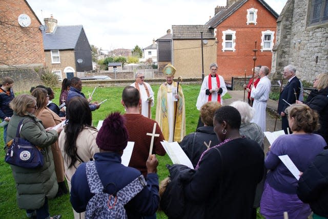 The Archbishop of Canterbury Justin Welby leads a Palm Sunday parade to St Phillip’s Church in Maidstone, Kent, for the Palm Sunday service and communion 