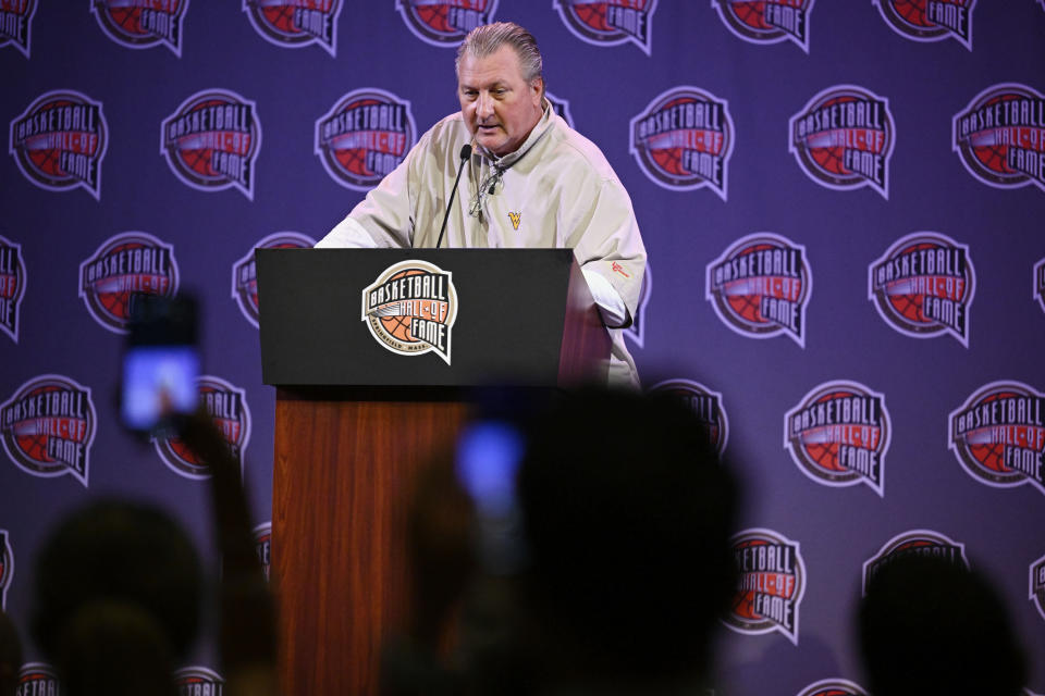 Basketball Hall of Fame Class of 2022 inductee Bob Huggins speaks at a news conference at Mohegan Sun, Friday, Sept. 9, 2022, in Uncasville, Conn. (AP Photo/Jessica Hill)