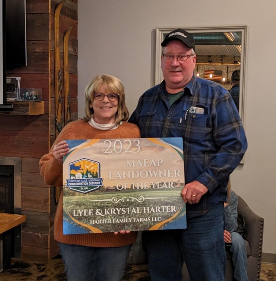 Lyle and Krystal Harter were recognized as the 2023 Michigan Agriculture Environmental Assurance Program Landowner of the Year at the Chippewa Luce Mackinac Conservation District annual meeting.