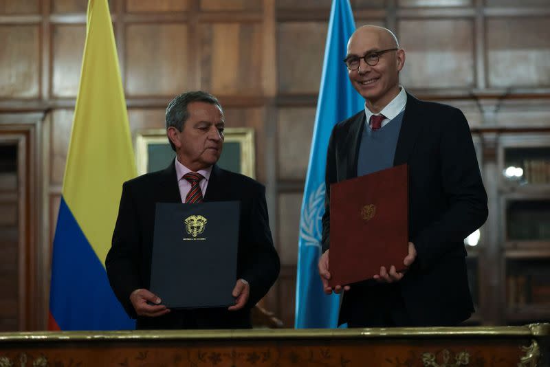 Colombian Secretary General of the Ministry of Foreign Affairs Jose Antonio Salazar poses for a picture with the United Nations High Commissioner for Human Rights (OHCHR) Volker Turk in Bogota