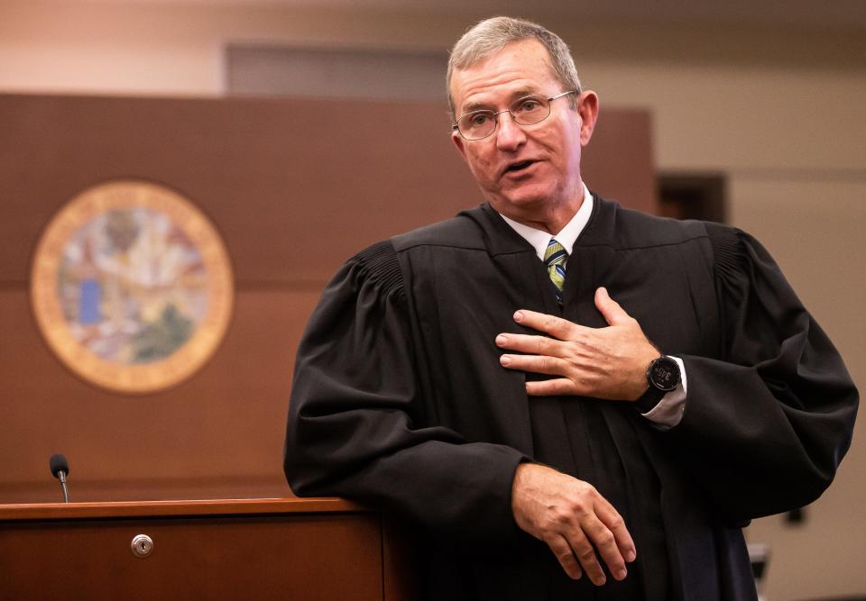Former State Attorney Brad King was sworn in as a State of Florida Fifth Judicial Circuit Judge Friday afternoon December 8, 2023 at the Marion County Judicial Center in Ocala, Fla. He talks about his years of service after he was sworn in. King investiture was performed in front of family, friends and co-workers along with other area judges. He has been assigned to probate, guardianship and juvenile delinquency cases. [Doug Engle/Ocala Star Banner]2023