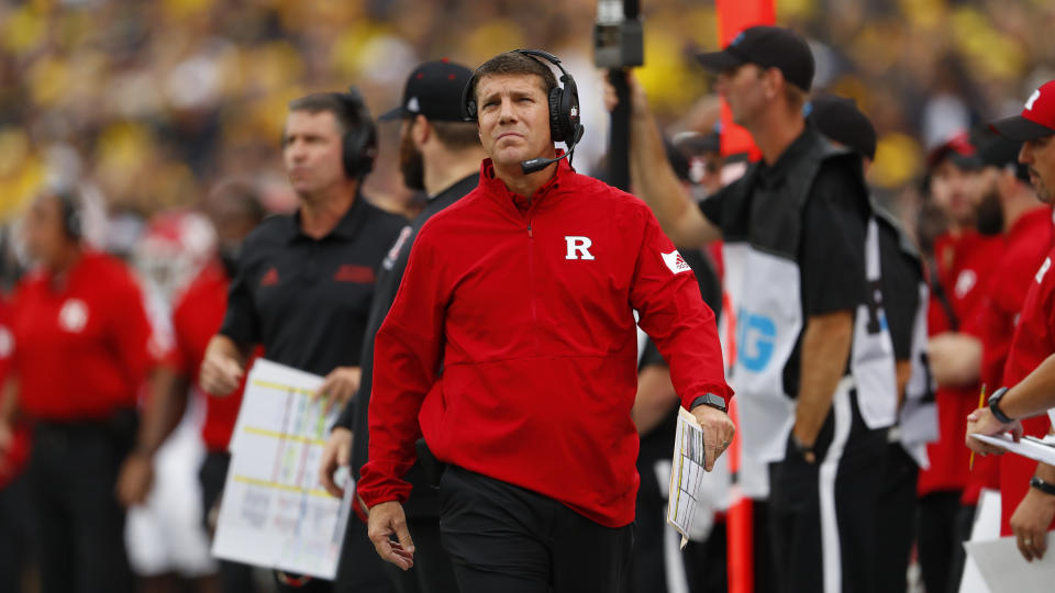 Rutgers head coach Chris Ash watches in the first half of an NCAA college football game against Michigan in Ann Arbor, Mich., Saturday, Sept. 28, 2019. (AP Photo/Paul Sancya)