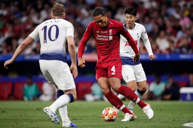 Harry Kane of Tottenham Hotspur, Virgil van Dijk of Liverpool FC, Heung Min Son of Tottenham Hotspur during the UEFA Champions League match between Tottenham Hotspur v Liverpool at the Wanda Metropolitano on June 1, 2019 in Madrid Spain.