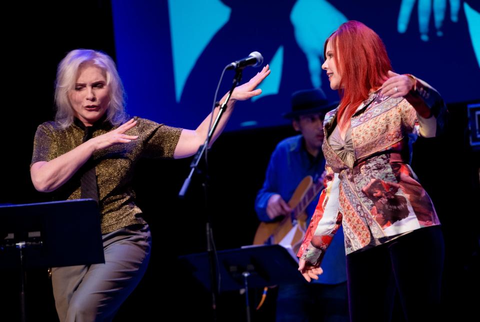 Debbie Harry of Blondie and Kate Pierson of The B-52's perform during a John Lennon tribute benefit concert at Symphony Space in New York City. Such female pioneers are the focal point of the new Epix docuseries "Women Who Rock."