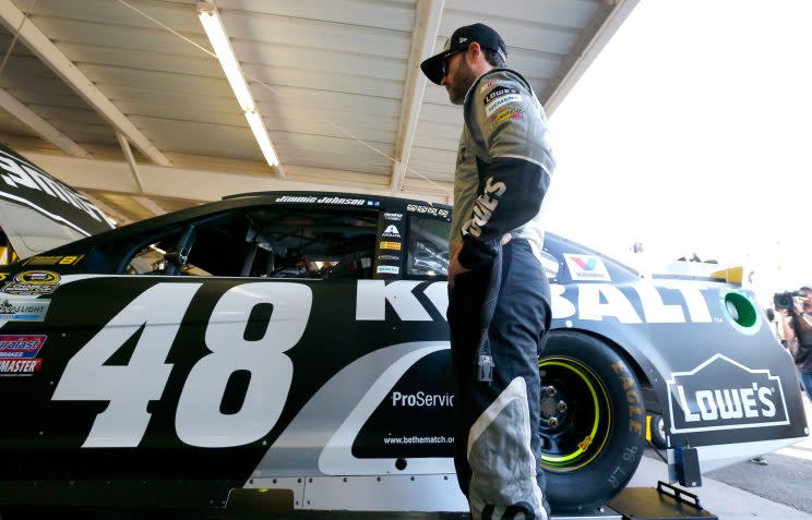 Jimmie Johnson was confused about the penalty he got Sunday. (Getty)
