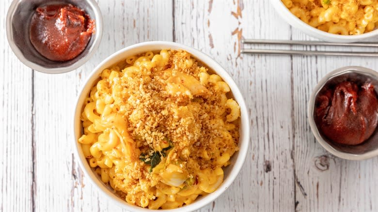 Bowl of kimchi mac and cheese