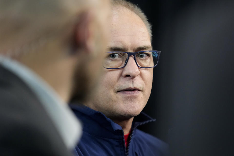 Florida Panthers head coach Paul Maurice speaks with members of the media during a media day ahead of the Stanley Cup hockey finals Friday, June 2, 2023, in Las Vegas. (AP Photo/John Locher)