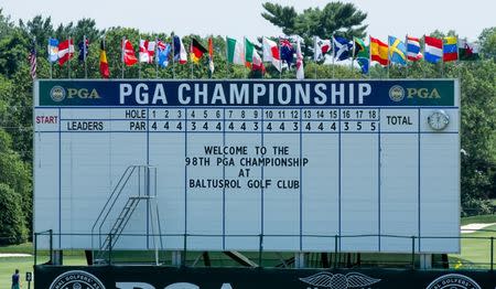 Jul 25, 2016; Springfield, NJ, USA; General view of the scoreboard on on the 18th green during a practice round for the 2016 PGA Championship golf tournament at Baltusrol GC - Lower Course. Bill Streicher-USA TODAY Sports