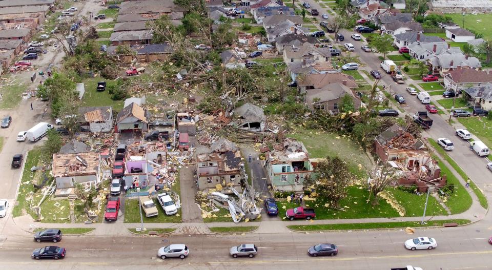 Houses in the Old North Dayton neighborhood along Troy Street where a tornado ripped through industrial buildings across the street and then the neighborhood on Monday night. (WHIO File)