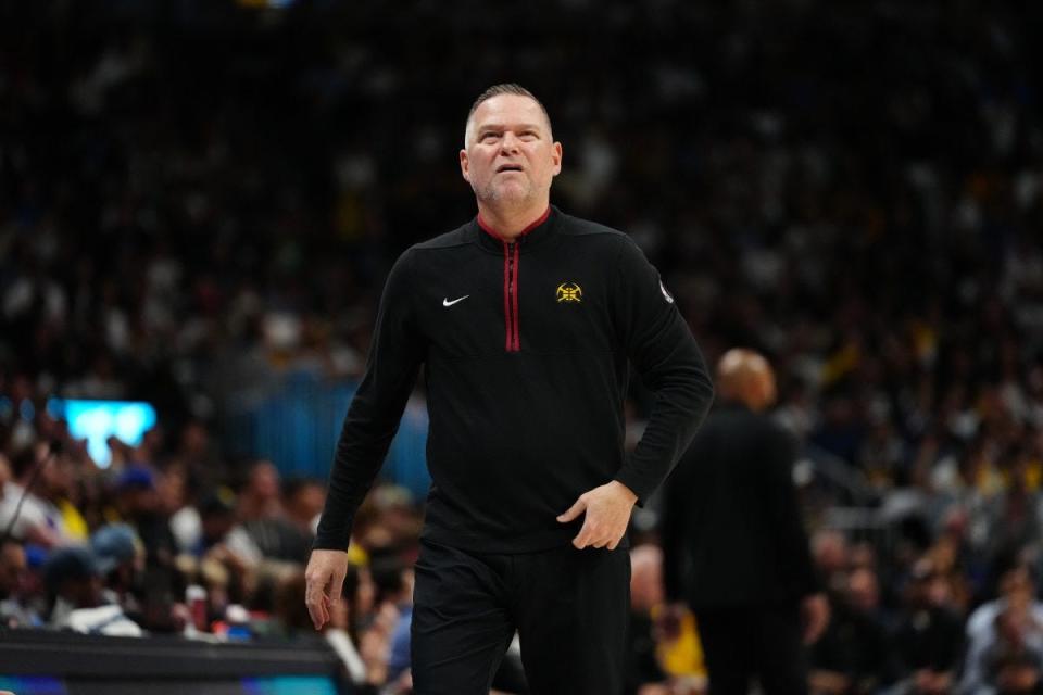 Denver Nuggets head coach Michael Malone in the first quarter against the Los Angeles Lakers during game two of the first half during the 2024 NBA playoffs at Ball Arena in Denver on April 22, 2024.