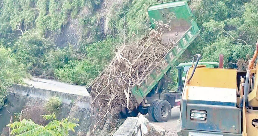 海葵颱風造成台東大量樹木倒塌，公路總局委託廠商未依規定處理廢棄樹木，直接將廢棄樹木亂倒在溪流及海邊。（圖／讀者提供／蔡旻妤台東傳真）