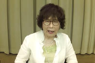 In this image made from video released by Foreign Correspondents' Club of Japan, Keiko Ogura, an atomic bombing survivor, speaks during a video press conference on July 27, 2020. For the first time in over a decade, Ogura, won't provide English translation for a guided tour of Hiroshima Peace Memorial Park. Ogura was 8 when she saw the searing bright flash outside her house, about 2 kilometers (1.2 miles) from ground zero. Smashed to the ground, she was woken by her little brother's wails. The rubble of their house was burning. (FCCJ via AP)