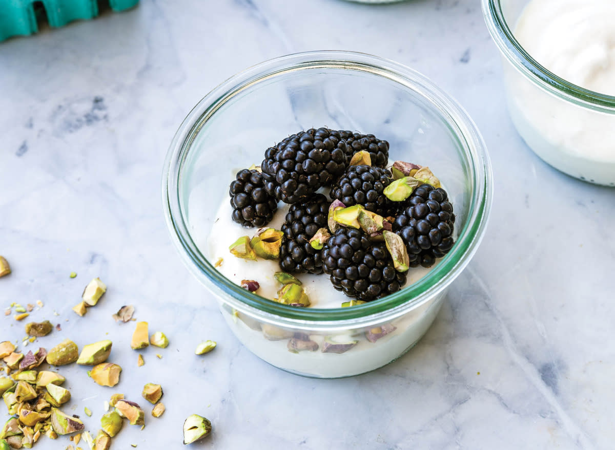 whipped cottage cheese with berries and pistachios