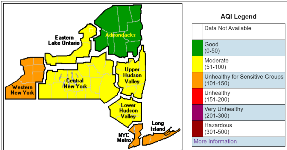 A map showing the extended air quality index forecast in New York for Friday, June 2, 2023, as of Thursday afternoon. Western New York, the New York City metro area and Long Island are under an ozone advisory from 11 a.m. to 11 p.m. Friday.