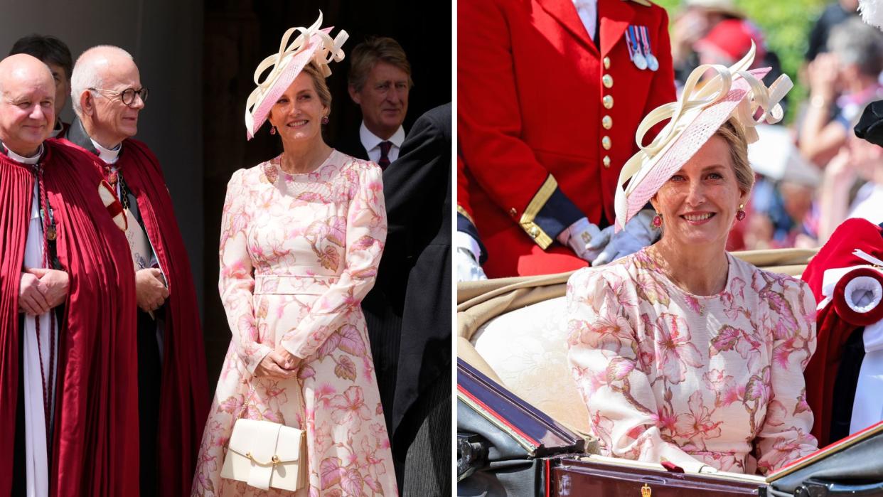  Composite of Duchess Sophie wearing a pink Zimmerman dress at the Order of the Garter ceremony; in the first picture she is also holding a Strathberry handbag. 
