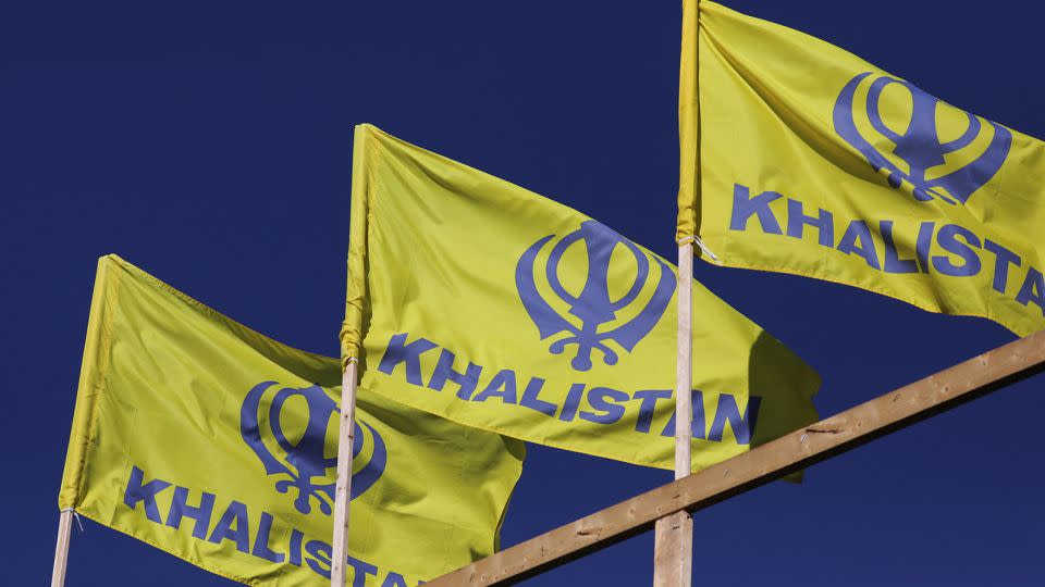 Pro-indepence Khalistan flags are seen at the Guru Nanak Sikh Gurdwara temple, site of the June 2023 killing of Sikh leader Hardeep Singh Nijjar, in Surrey, British Columbia, Canada September 20, 2023. - Chris Helgren/Reuters