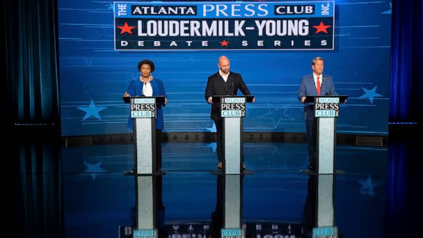 PHOTO: Candidates Stacey Abrams, Shane Hazel and Georgia Republican Gov. Brian Kemp debate during the Atlanta Press Club Loudermilk-Young Debate Series in Atlanta, Oct. 17, 2022. (Ben Gray/AP)