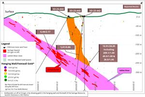 Cross-Section of the drill results in holes SD-23-442 to 444 outside the current resource.