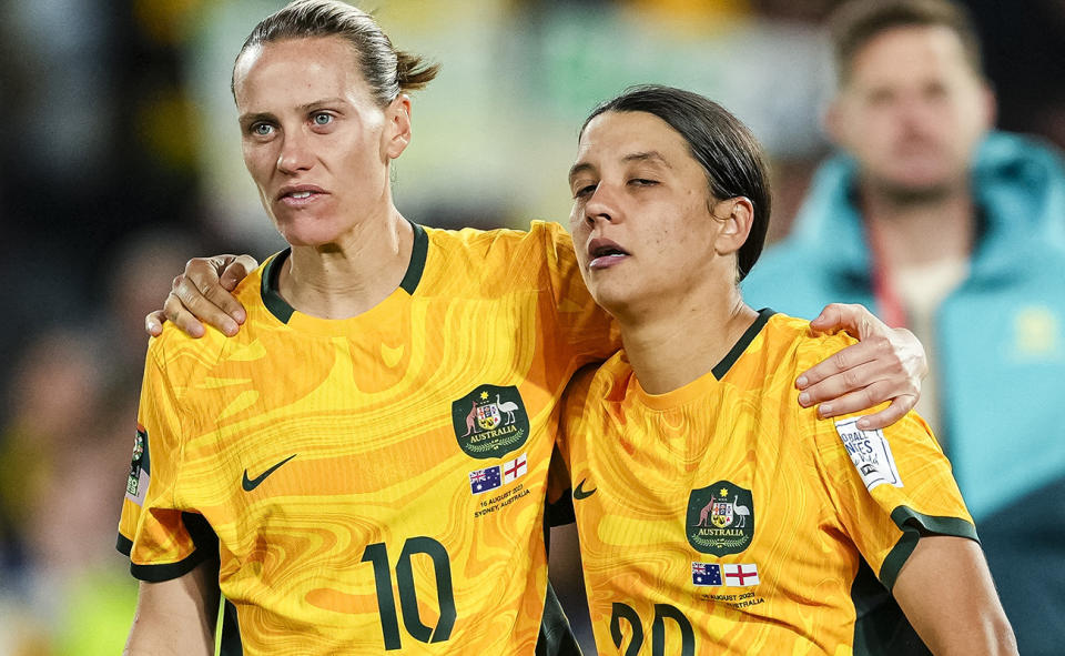 Emily van Egmond and Sam Kerr, pictured here after the Matildas' loss to England.