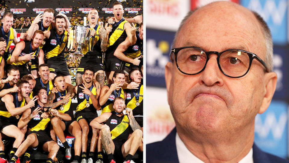 A 50-50 split image shows the Richmond Tigers celebrating their 2020 AFL premiership on the left, and Gold Coast Suns chairman Tony Cochrane on the right.