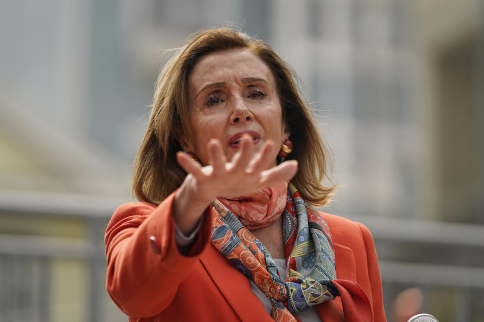 House Speaker Nancy Pelosi gestures while speaking about her visit to a hair salon during a news conference at the Mission Education Center Elementary School Wednesday, Sept. 2, 2020, in San Francisco. Pelosi said she takes responsibility for trusting the word of a San Francisco hair salon she's visited over the years when it told her it was OK to come in for a solo visit this week, even though the city still does not allow indoor beauty services. (AP Photo/Eric Risberg)