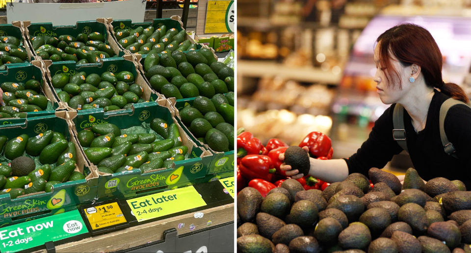 Left image of Woolworths 'Eat Now' avocado initiative in a store. Right image of a woman looking for a ripe avocado in supermarket.