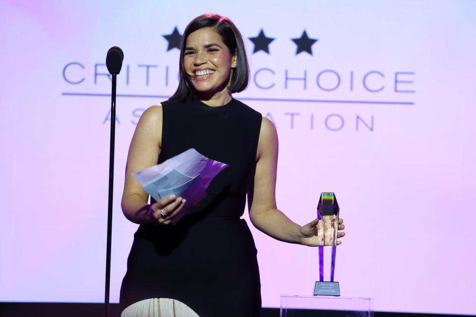 LOS ANGELES, CALIFORNIA - DECEMBER 04: America Ferrera accepts the "Groundbreaker Award" onstage during the Critics Choice Association's Celebration of Cinema & Television: Honoring Black, Latino and AAPI Achievements at Fairmont Century Plaza on December 04, 2023 in Los Angeles, California. (Photo by Leon Bennett/Getty Images for Critics Choice Association)