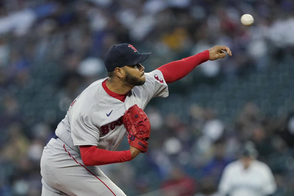 Boston Red Sox starting pitcher Eduardo Rodriguez throws against the Seattle Mariners during the first inning of a baseball game, Monday, Sept. 13, 2021, in Seattle. (AP Photo/Ted S. Warren)