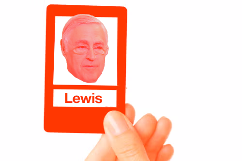 A hand holding a "Guess Who?" game card with an image of Lewis Kaplan's face on it.