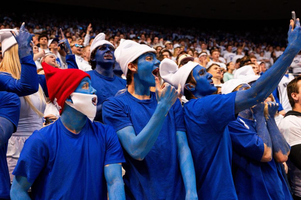 Brigham Young Cougars fans cheer in the audience during a men’s college basketball game between Brigham Young University and Baylor University at the Marriott Center in Provo on Tuesday, Feb. 20, 2024. | Megan Nielsen, Deseret News