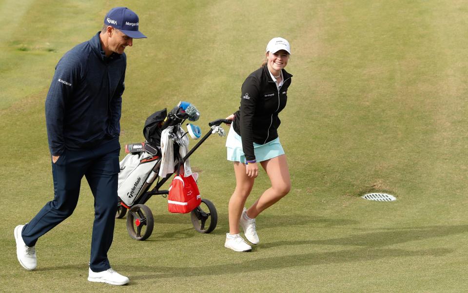 Justin Rose and Mimi Rhodes chat during Thursday's penultimate round at Quinta do Lago - 2019 Getty Images