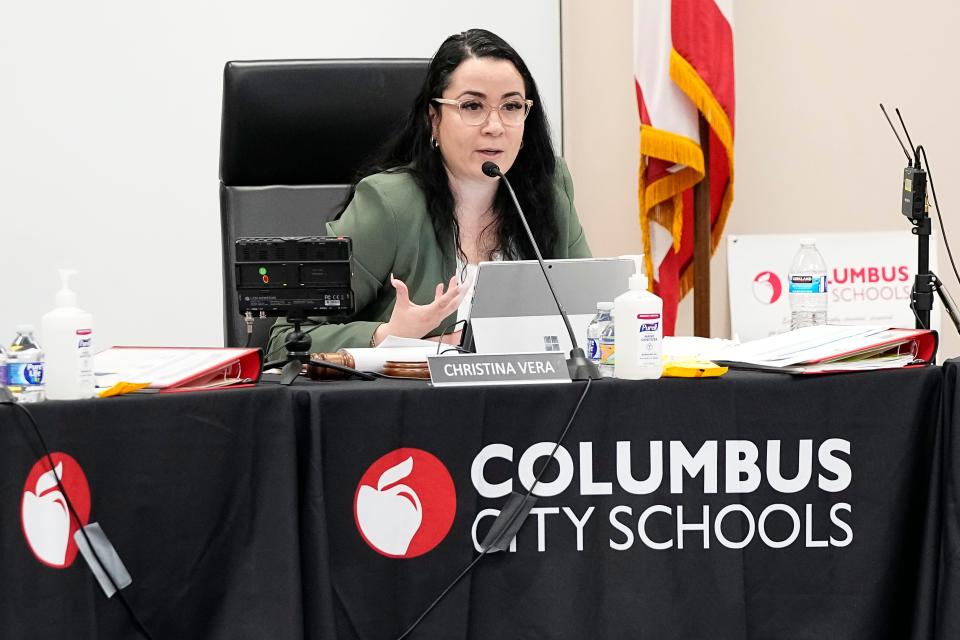 Columbus City school board president Christina Vera speaks during a board meeting Tuesday where the Superintendent's Communities Facilities Task Force made its final recommendation that the district close nine schools and realign grades at four others.