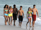 March 13, 2012: Selena Gomez, Ashley Benson, Rachel Korine and Vanessa Hudgens seen playing in the surf at the beach during the filming of "Spring Breakers" in St. Petersburg, Florida. Mandatory Credit: INFphoto.com Ref: infusmi-13