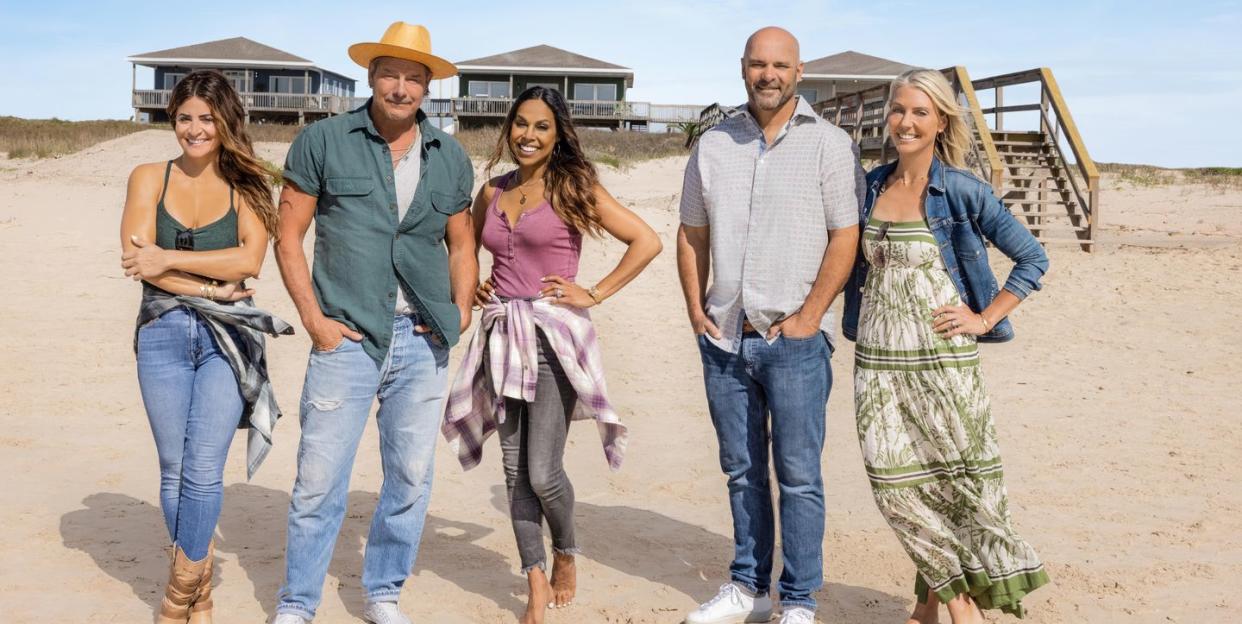 as seen on hgtv's battle on the beach season 2, mentors alison victoria, ty pennington and taniya nayak pose on the beach with judges bryan and sarah baeumler promo portrait