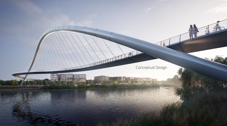 A conceptual rendering shows a pedestrian and bicyclist bridge crossing the Cumberland River from Germantown to Oracle Corp.'s 65-acre campus in East Nashville, visible in illustration.