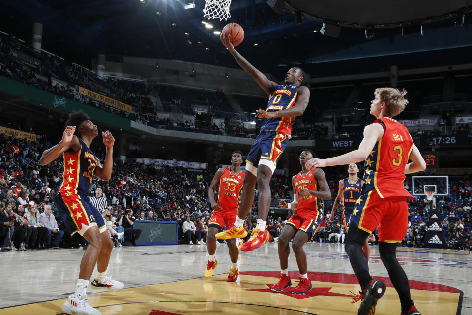 Dariq Whitehead goes for a layup during the 2022 McDonald's All-American Game at Wintrust Arena in Chicago on March 29, 2022. (Brian Spurlock/Icon Sportswire via Getty Images)