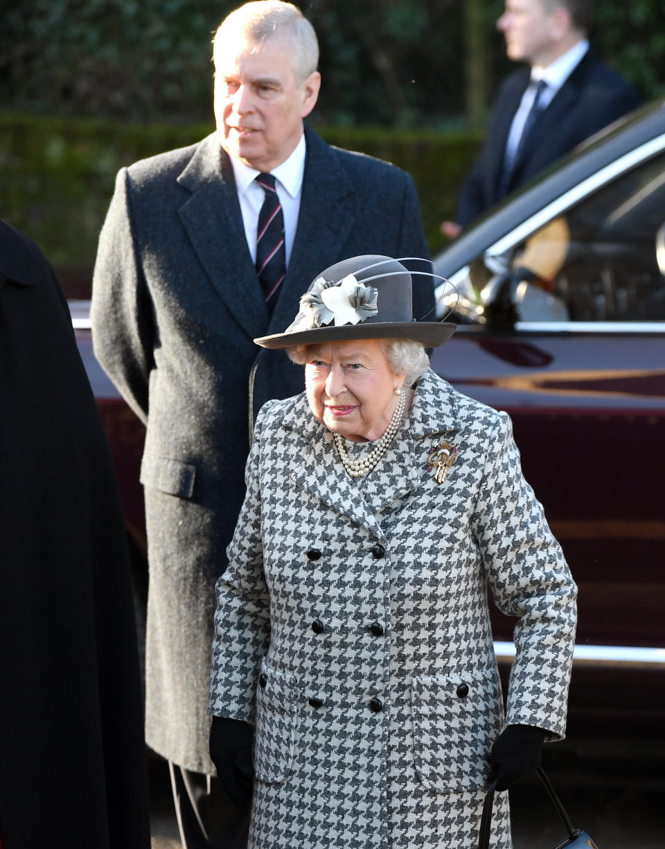 Queen Elizabeth II and Prince Andrew attend St Mary the Virgin church at Hillington in Sandringham on Sunday. (PA)