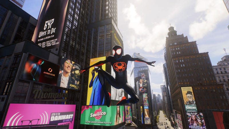 A Marvel's Spider-Man 2 screenshot shows Miles Morales wearing his Across the Spider-Verse suit. 