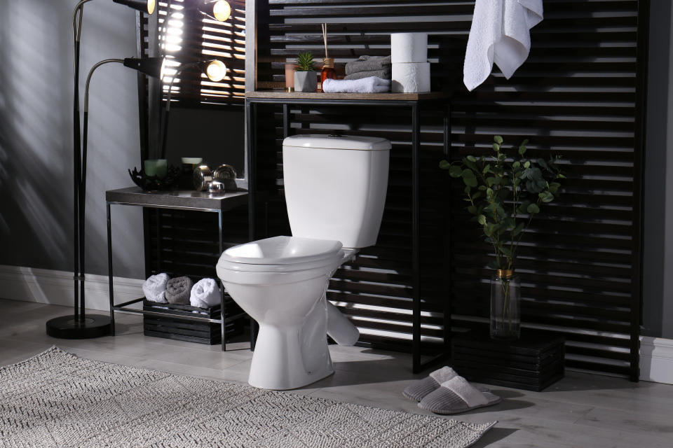 Stylish bathroom interior with toilet bowl and other essentials, bathroom storage