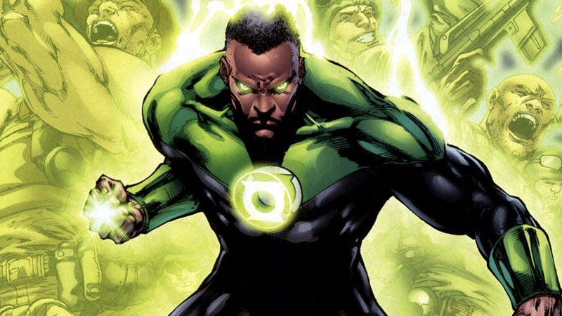 John Stewart, in his Green Lantern uniform, powers up his ring.
