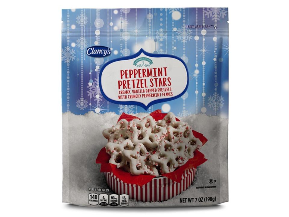 blue and white package of Aldi's peppermint pretzel stars