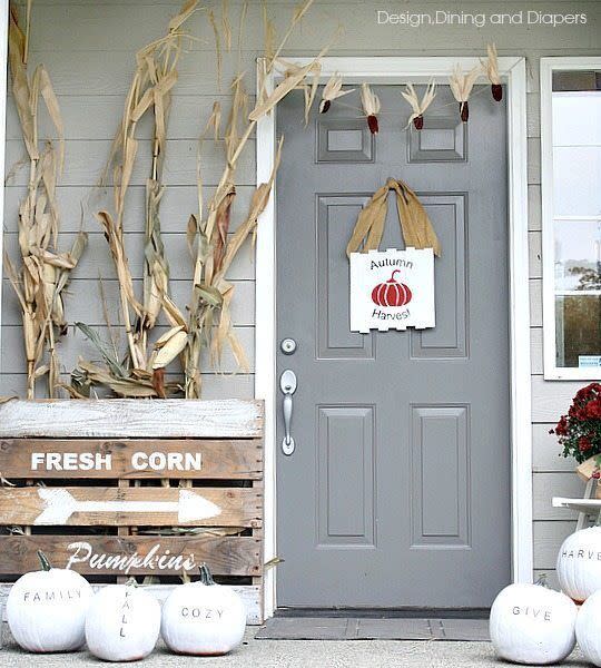 Fall Porch with Corn Garland and Corn Stalks