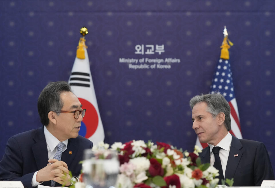 U.S. Secretary of State Antony Blinken, right, talks with South Korean Foreign Minister Cho Tae-yul during a meeting at the Foreign Ministry in Seoul, South Korea, Monday, March 18, 2024. (AP Photo/Ahn Young-joon, Pool)