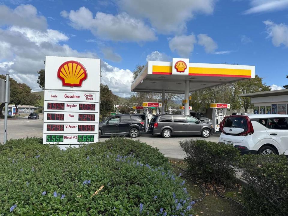 Prices have dropped more than 10 cents in the past week at a trio of stations in Morro Bay, California. Here the Shell station is pictured Feb. 20, 2024, with a posted cash price of $3.99 per gallon.