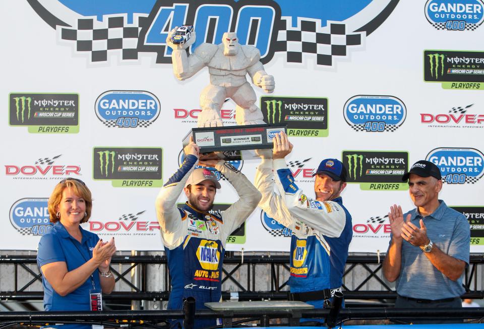 Chase Elliott has raised the "Miles the Monster" trophy twice at Dover, here in 2018 and at the 2022 race.