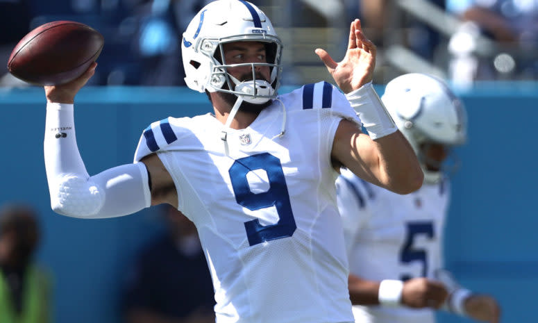 Jacob Eason warms up for the Indianapolis Colts before a game.