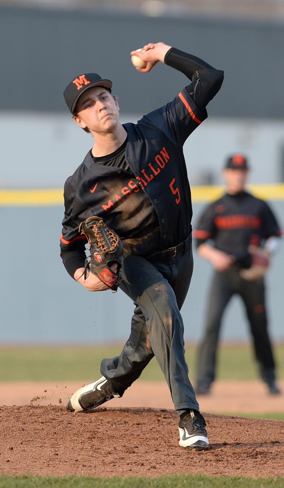 Massillon's Aidan Longwell delivers a pitch against McKinley, April 13, 2018.