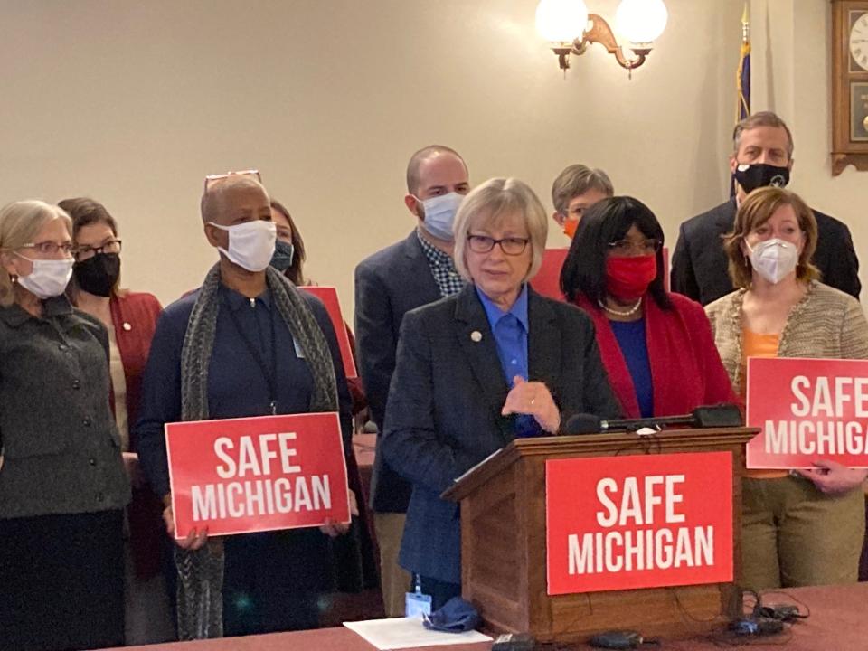 Sen. Rosemary Bayer, D-Beverly Hills, speaks at a 2021 news conference at which Michigan Democrats announced legislation to restrict the sale of gun magazines that can hold more than 10 rounds.